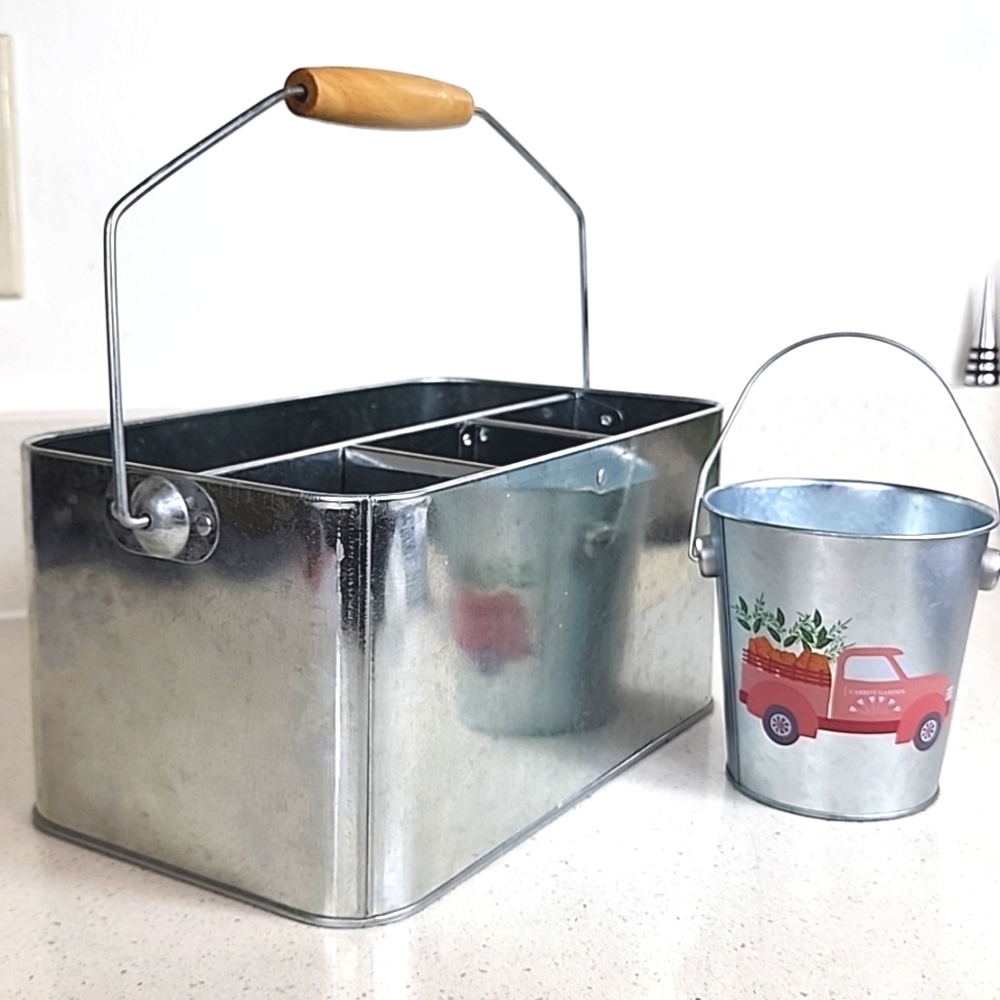 Calvanized Utensil Organizer and small galvanized pail